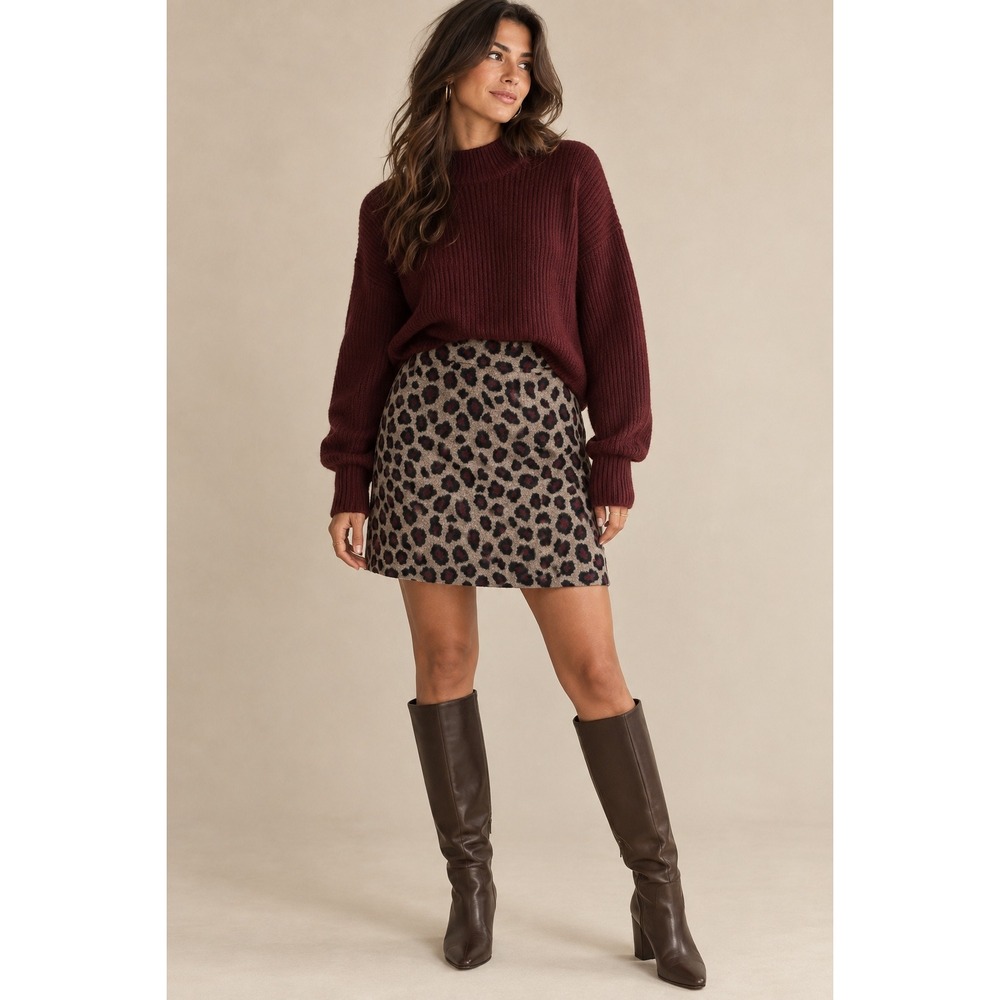 Ann Taylor Leopard Print Wool Blend A-Line Mini Skirt Brown Burgundy Size 8
